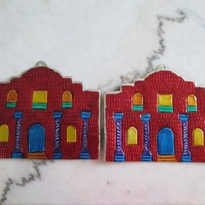Texas Alamo Mexican Sign Tin Wall Hanging Christmas Ornament Red Set 9x6"